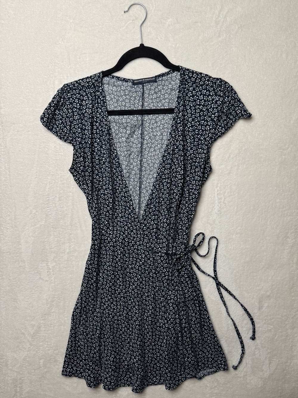 Brandy Melville Navy Blue Floral Wrap V-neck Mini Dress Onesize